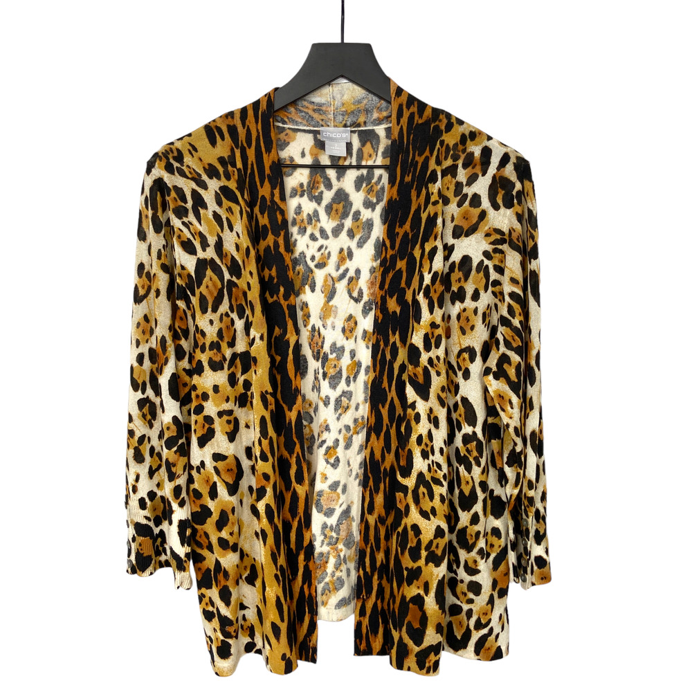 Chico's Animal Print Cotton Blend Open Front Sweater Women's size 2